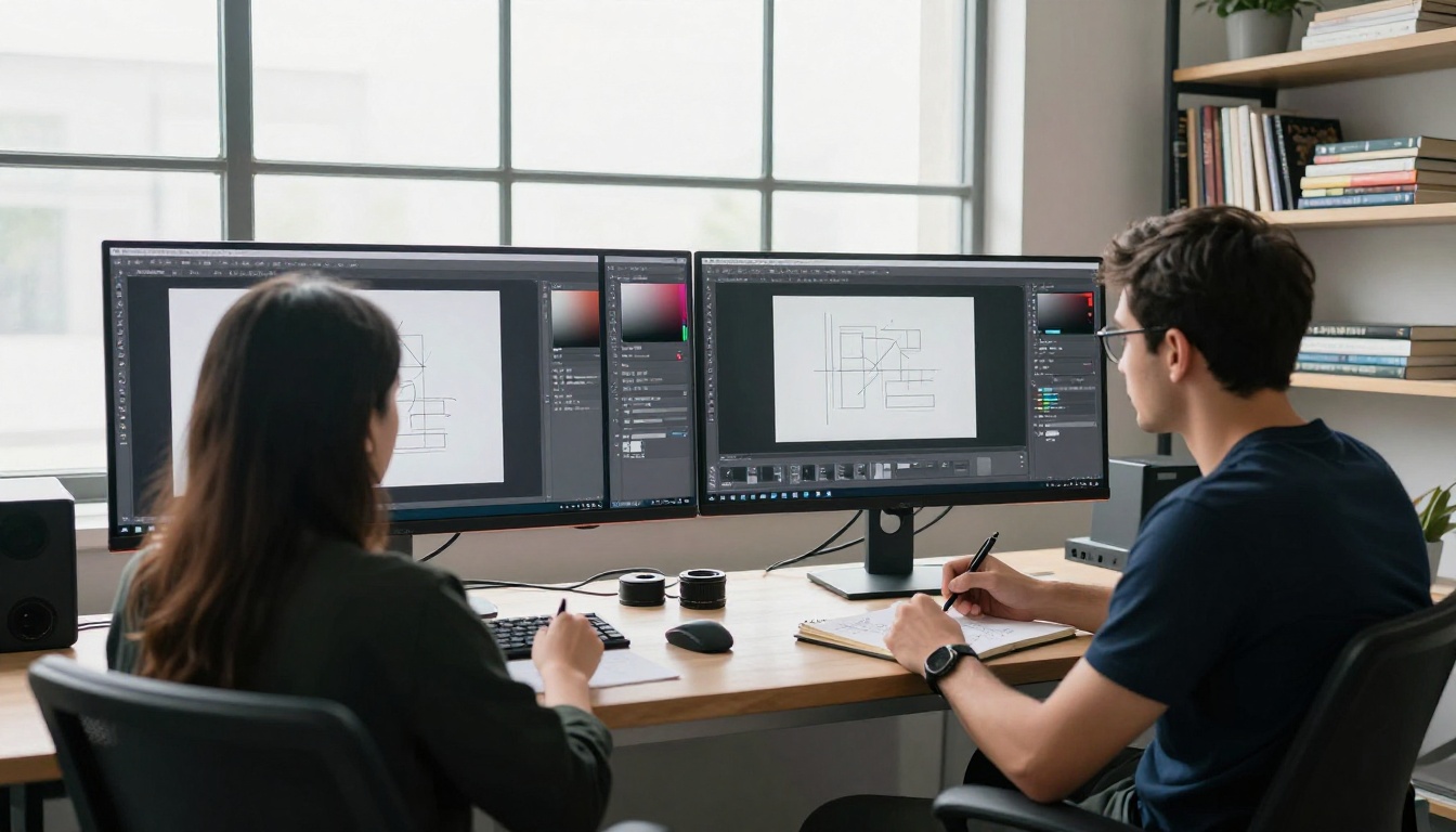 Two designers collaborating at workstations reviewing Photoshop workflow stages