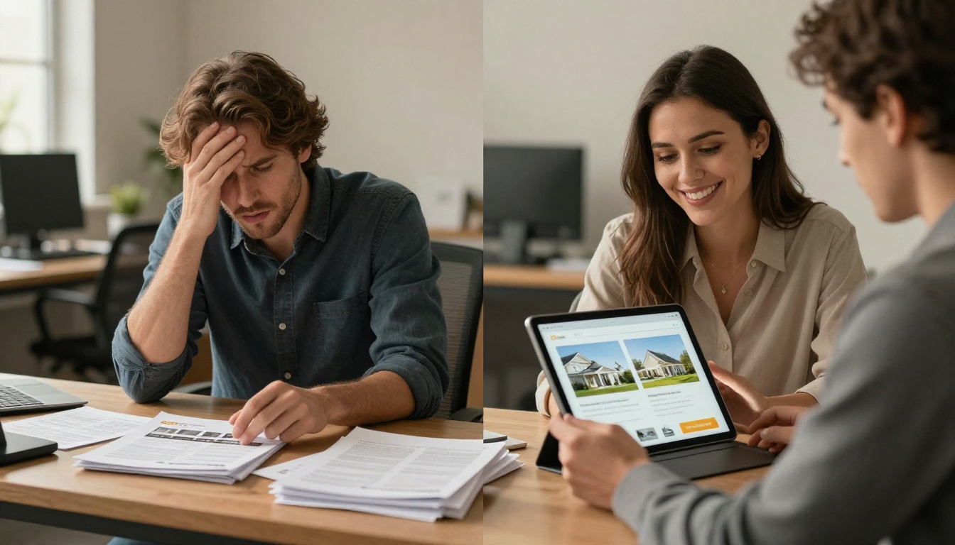 Real estate agent comparing paper brochures versus digital flipbook presentation in a professional office
