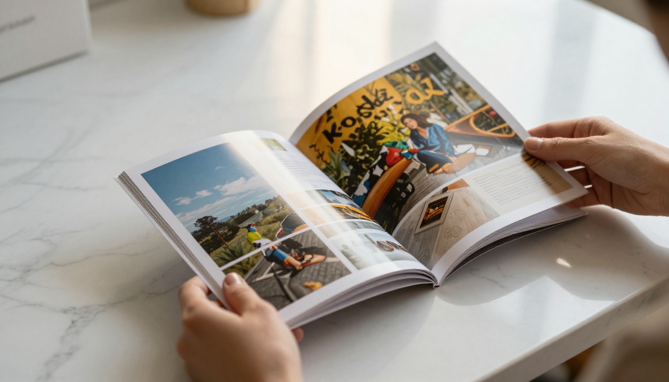 Glossy brochure being opened by hands on a marble desk revealing colorful interior pages