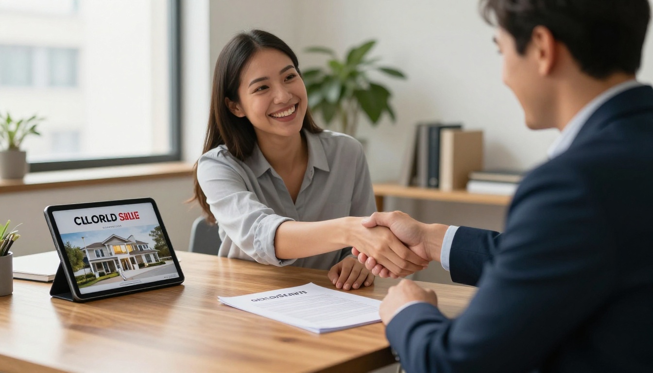 Real estate agent and happy couple shaking hands to celebrate closing a property deal with a signed contract and tablet on desk