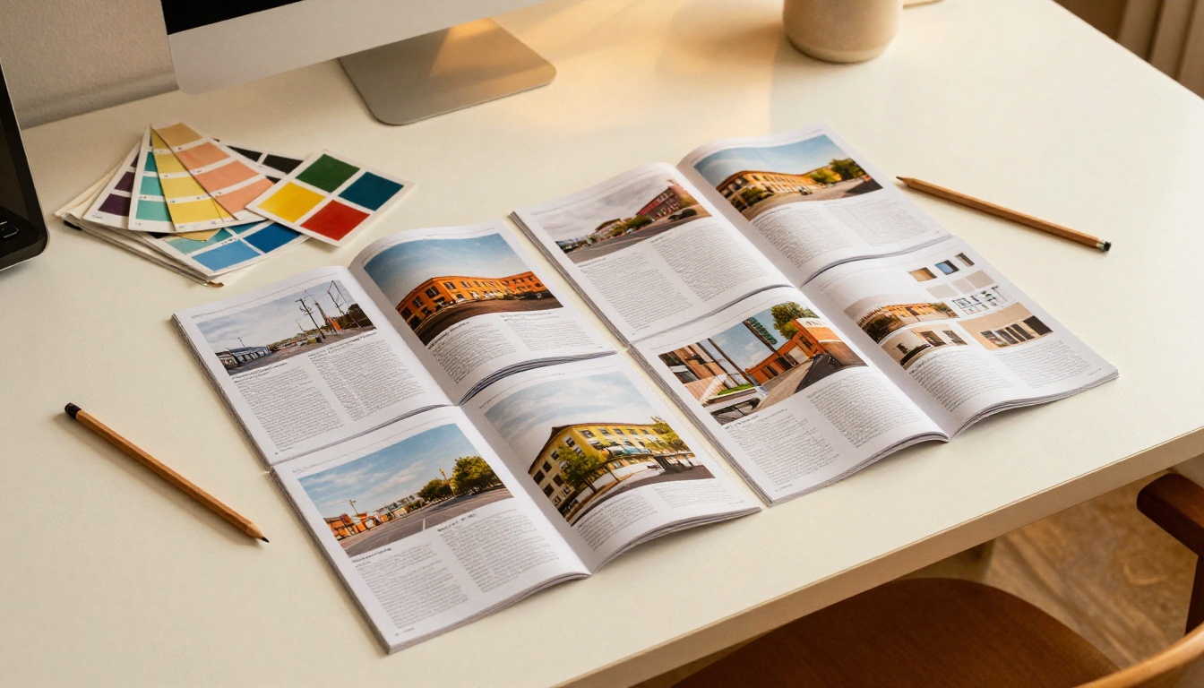 Overhead flat-lay of designer's workspace with printed pages arranged in grid formation