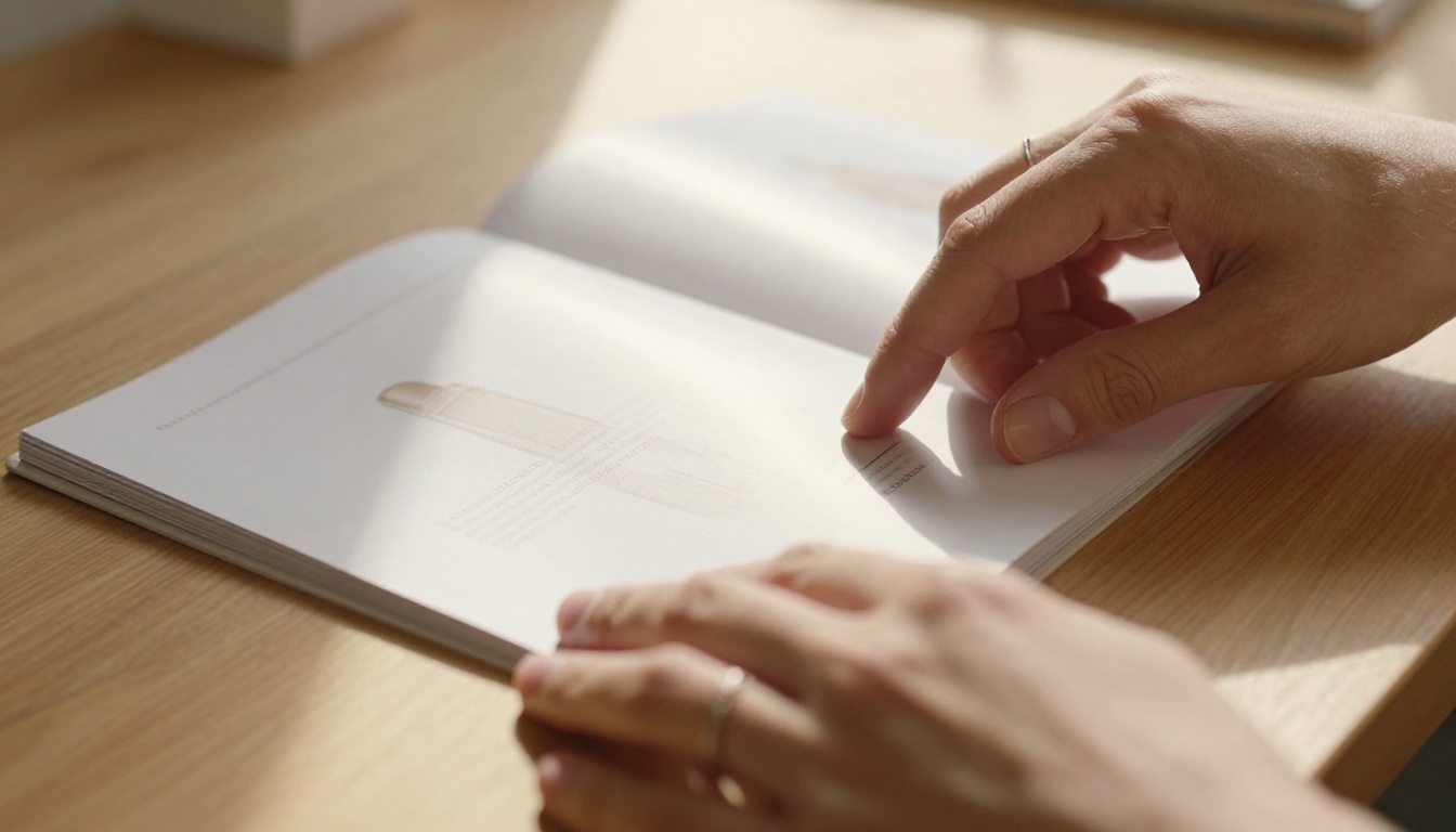 Hands turning a glossy product catalog page on a warm wooden desk