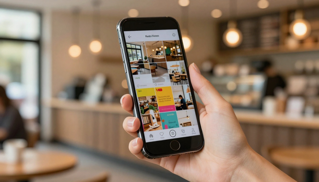 Woman's hand holding a phone displaying a digital flipbook in a bright coffee shop