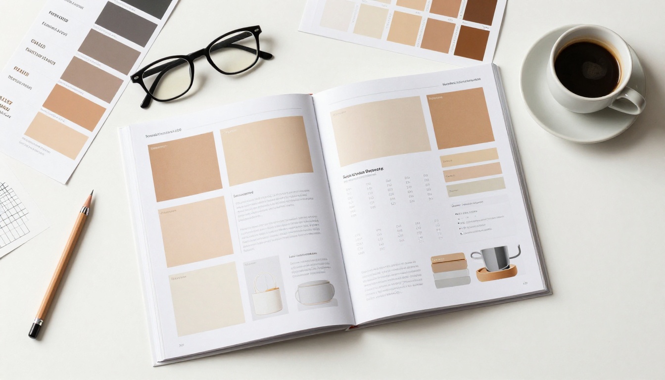 Aerial overhead flat lay shot of a product catalog layout on a white studio work table
