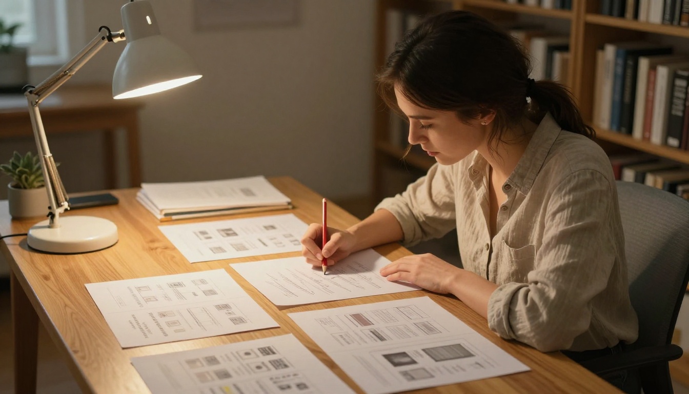 A creative designer reviewing printed catalog drafts at a desk with warm desk lamp lighting