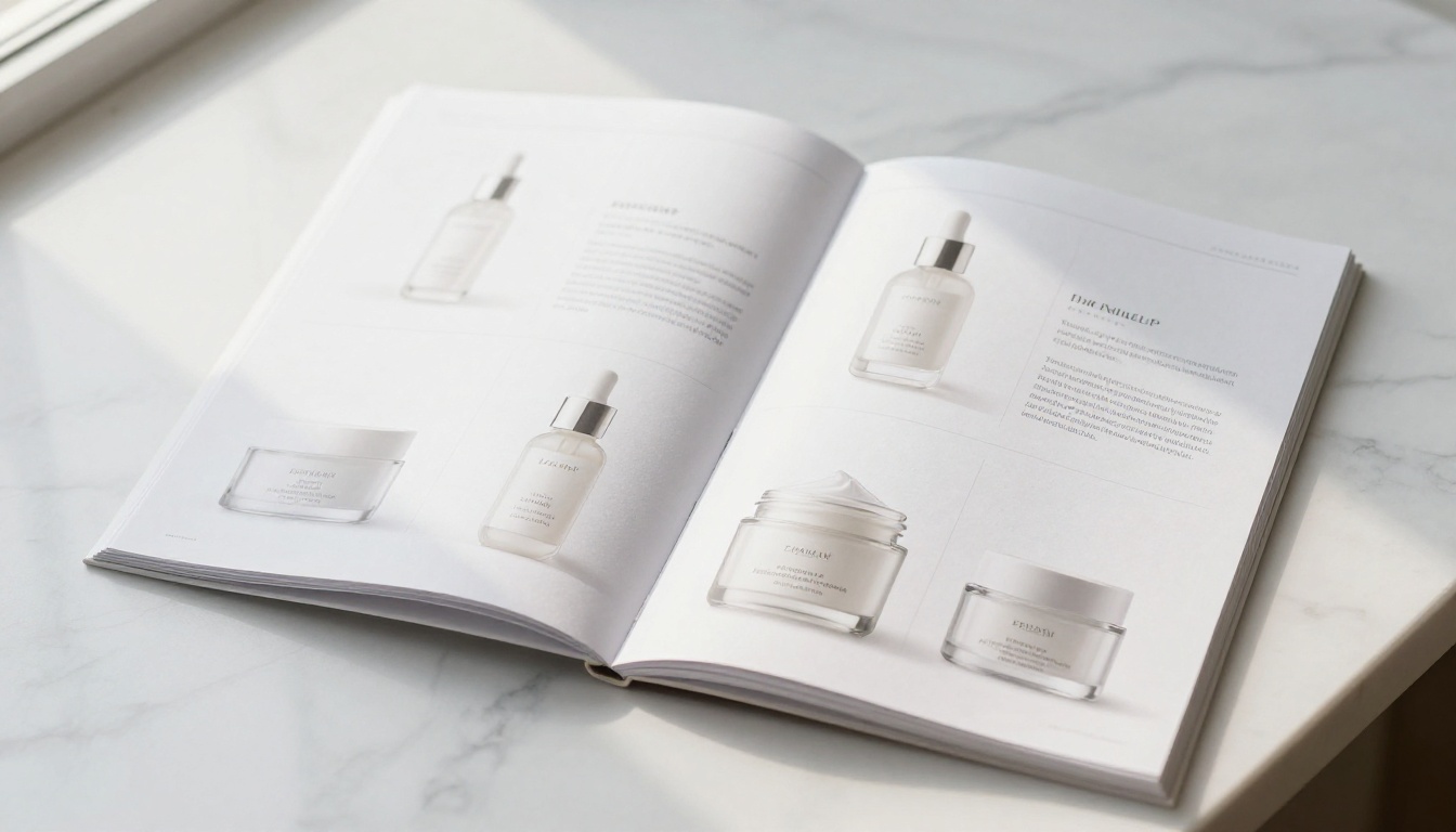 A two-page product catalog spread open on a white marble surface showing skincare products