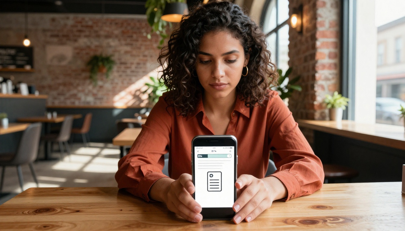 Woman uploading a PDF to create a flipbook on her phone in a cafe