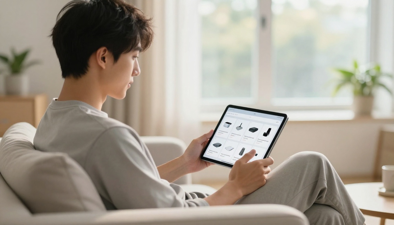 A young man browsing a digital product catalog on a tablet while sitting on a modern sofa