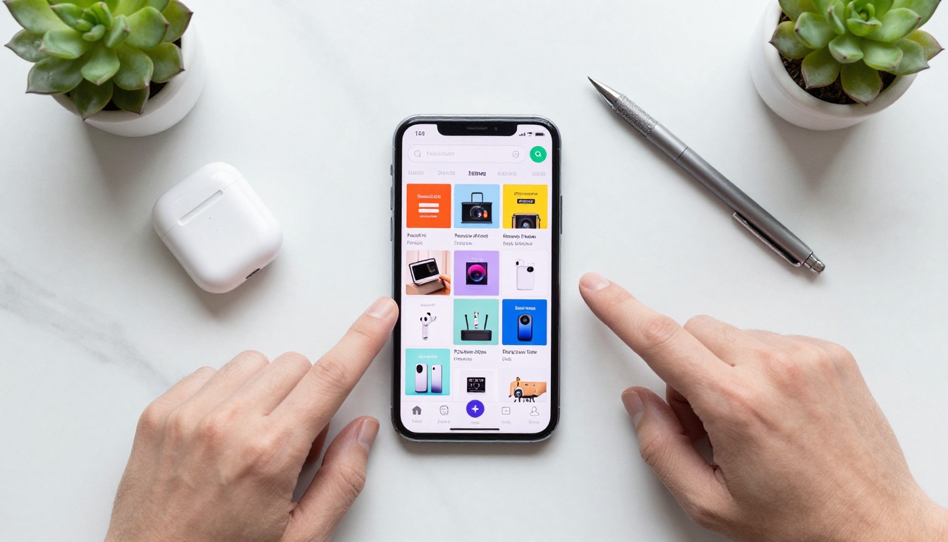 Aerial view of phone showing a colorful product catalog flipbook on a marble desk