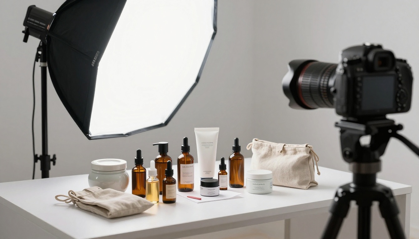 Professional product photography studio with artisan products on a white background