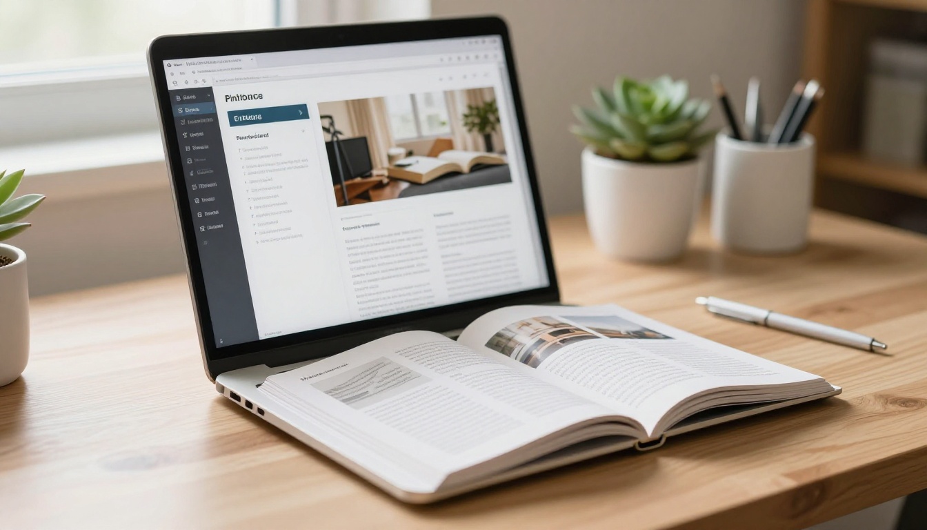 A printed product catalog placed beside a laptop showing the same catalog as a digital flipbook