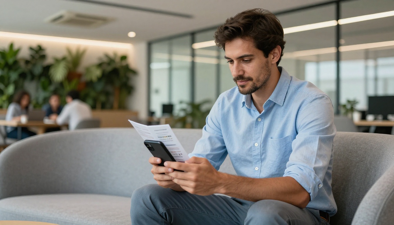 Man in a modern office lounge viewing a business flipbook on his smartphone