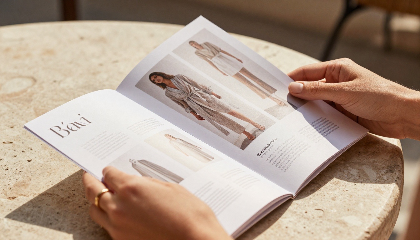 A woman's elegant hands holding a product brochure open at an outdoor stone cafe table