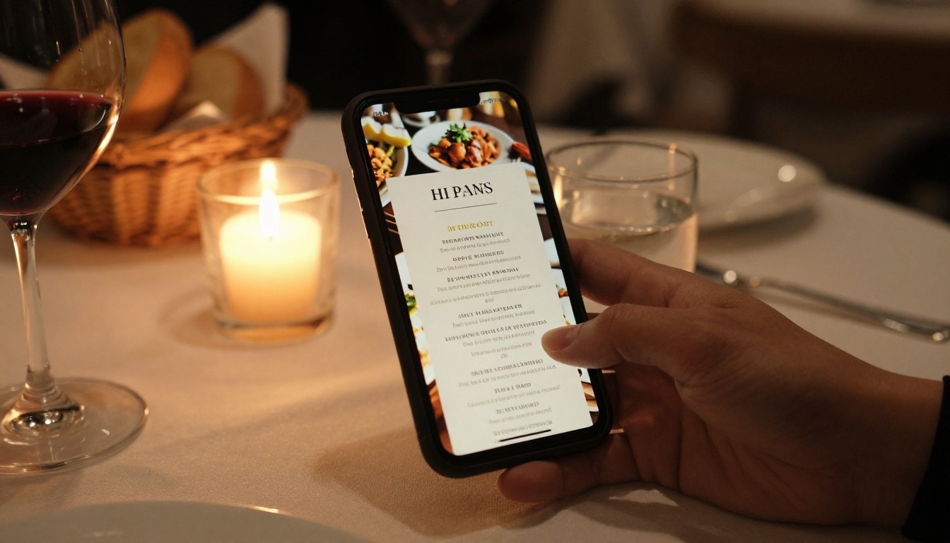 Restaurant menu flipbook displayed on a phone at a candlelit dinner table