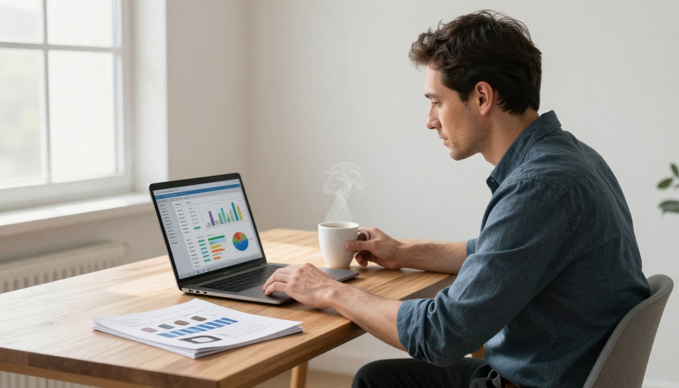 A business owner reviewing analytics on a laptop with a printed product catalog beside it