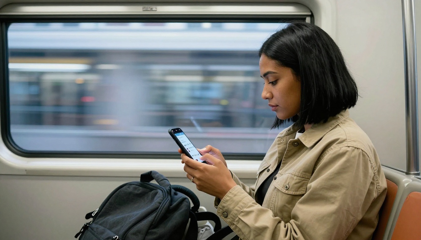 Woman sharing a flipbook link via her phone on a subway train