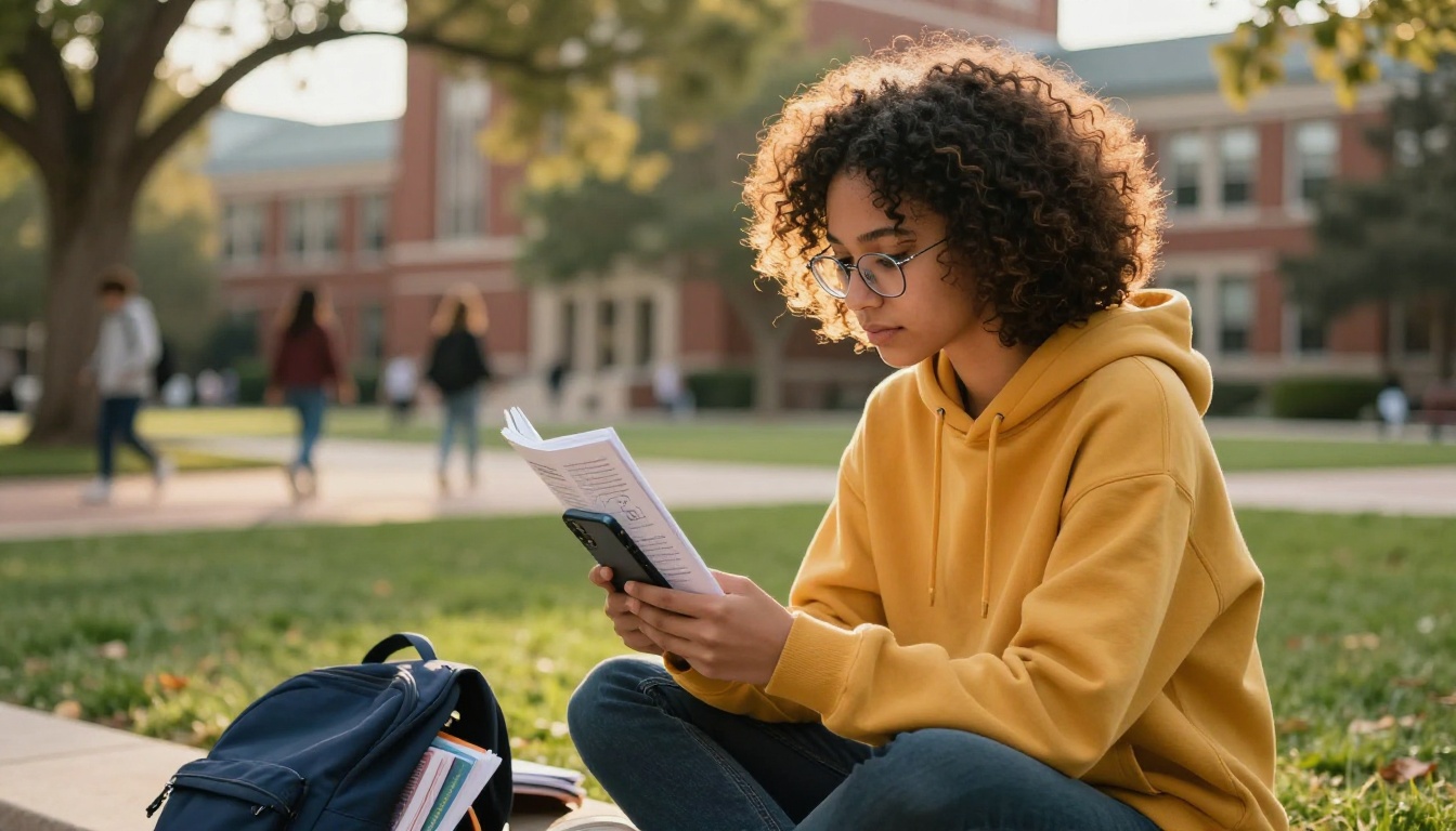 Student reading an educational flipbook on her smartphone on a sunny campus lawn