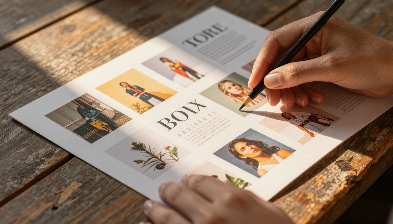 Close-up of elegant hands holding a printed creative portfolio with fanned pages showing design spreads in warm golden light
