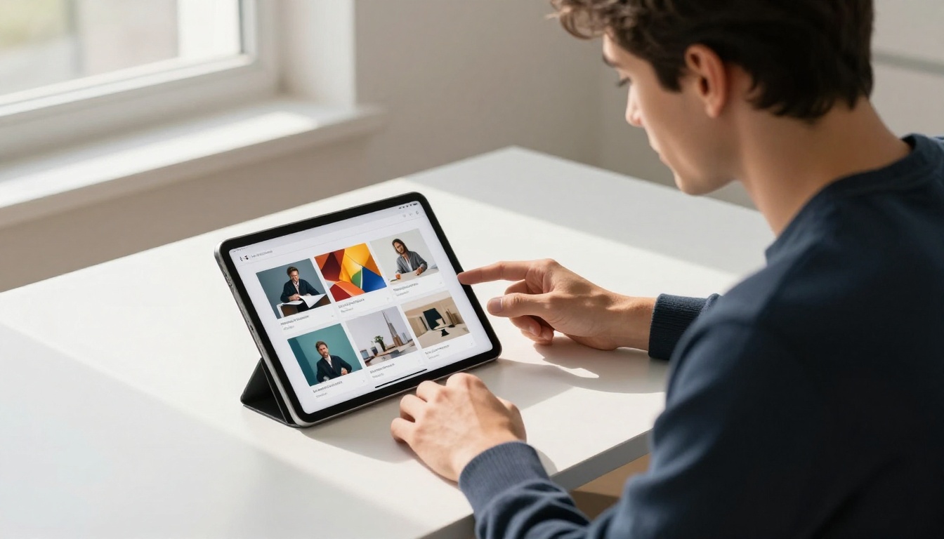 Graphic designer in navy henley seated at a minimalist white desk viewing a vivid portfolio flipbook on a propped tablet in warm window light