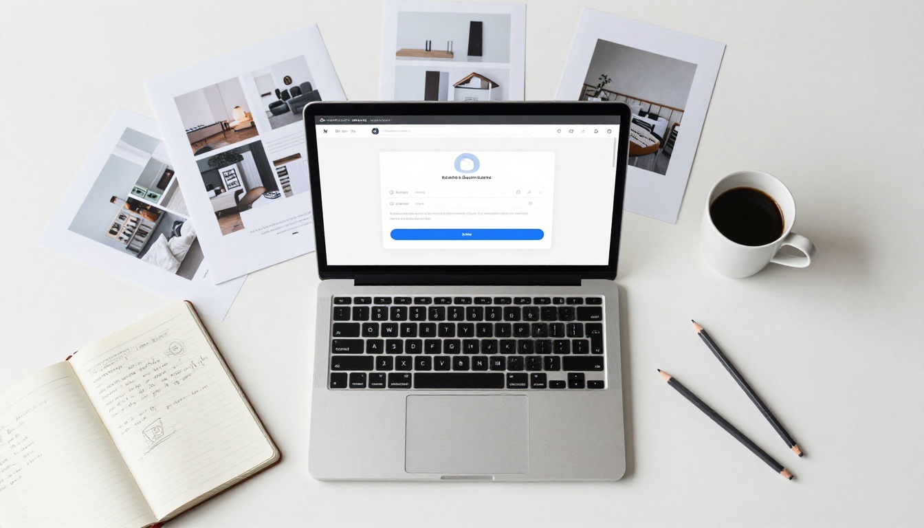 Aerial flat-lay of a minimalist creative workspace with a silver laptop, portfolio prints, coffee cup, pencils, and spiral notebook on a white surface in diffused daylight