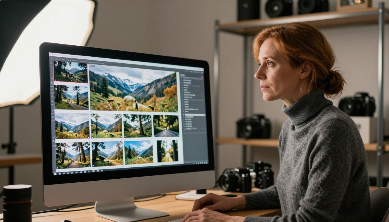 Professional photographer in gray turtleneck reviewing a photography portfolio flipbook on a large iMac in a professional studio with skylights