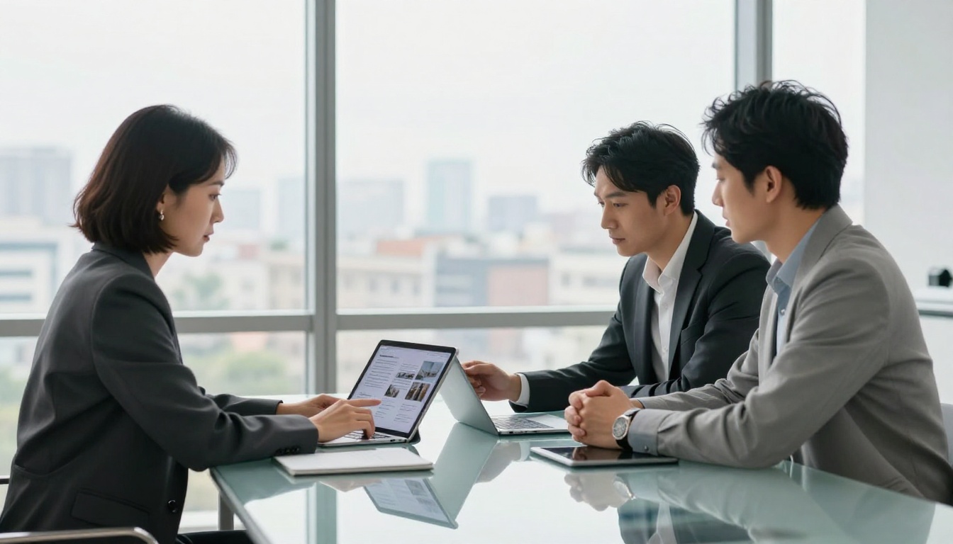 Two business professionals at a glass conference table, one sliding a tablet showing a portfolio flipbook toward the other, in a bright modern office with city skyline visible