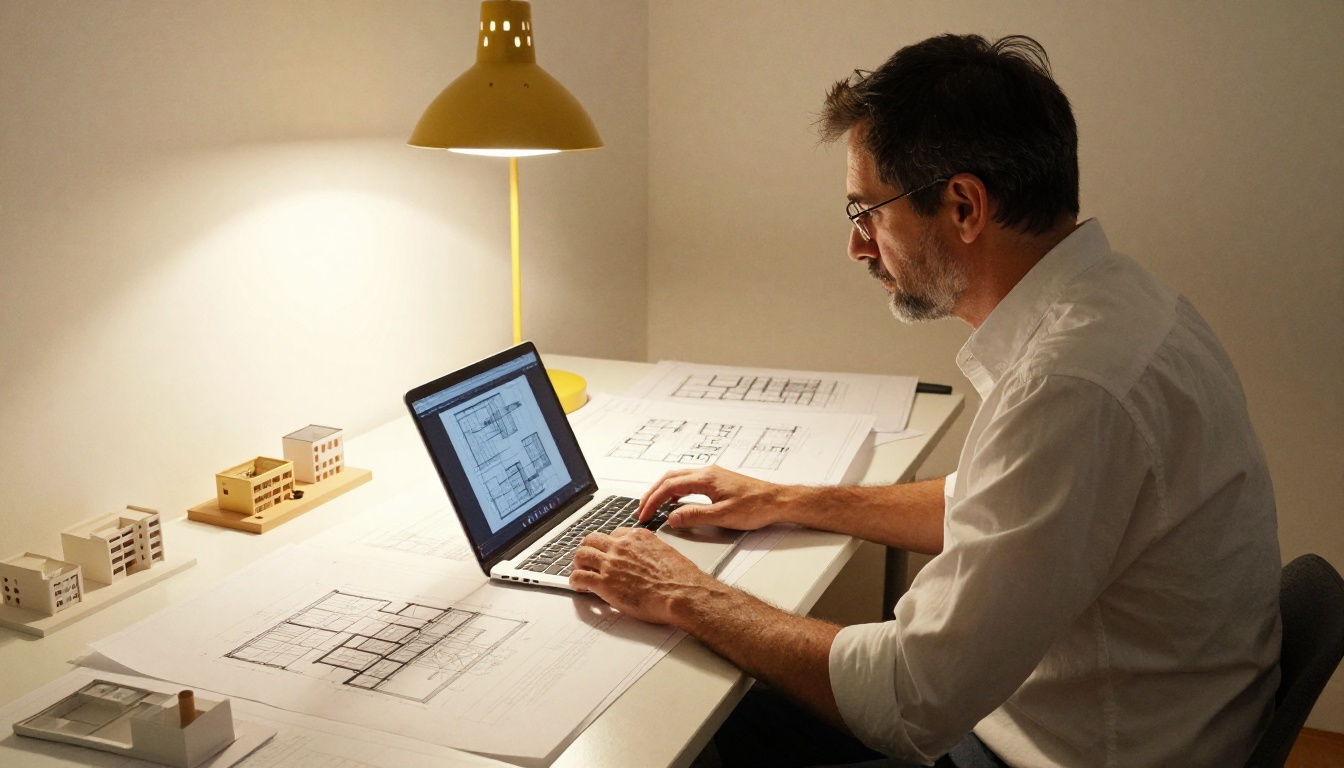 Male architect with glasses at a long white studio desk covered in architectural drawings and scale models, reviewing a digital flipbook on his laptop under warm pendant lamp light