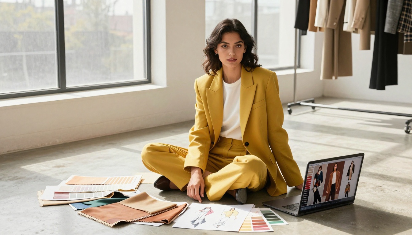 Stylish fashion designer in a mustard blazer seated cross-legged on a concrete studio floor surrounded by fabric swatches, fashion sketches, and Pantone chips, laptop showing fashion portfolio flipbook