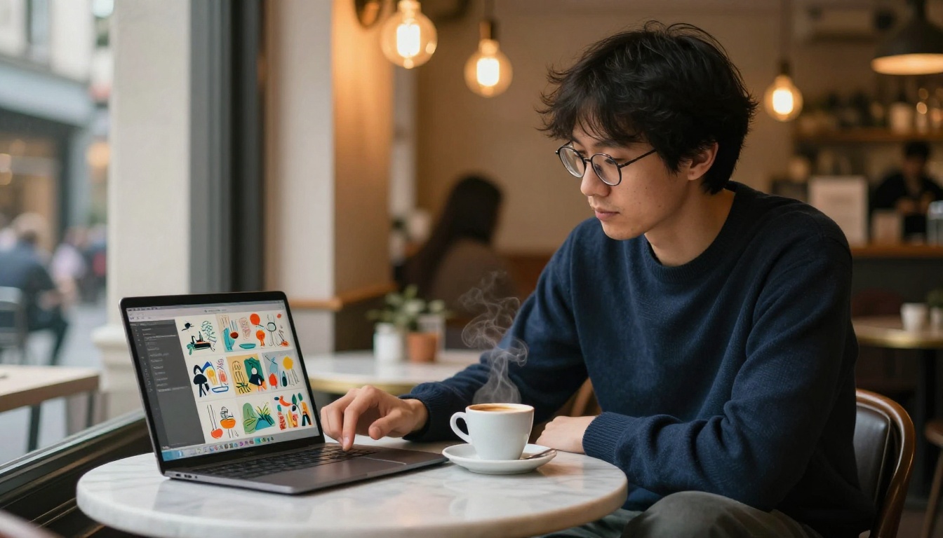 Freelance illustrator with glasses in a navy sweater at a marble cafe table, laptop showing a colorful illustrated portfolio flipbook with warm Edison bulb lighting and blurred cafe bokeh background