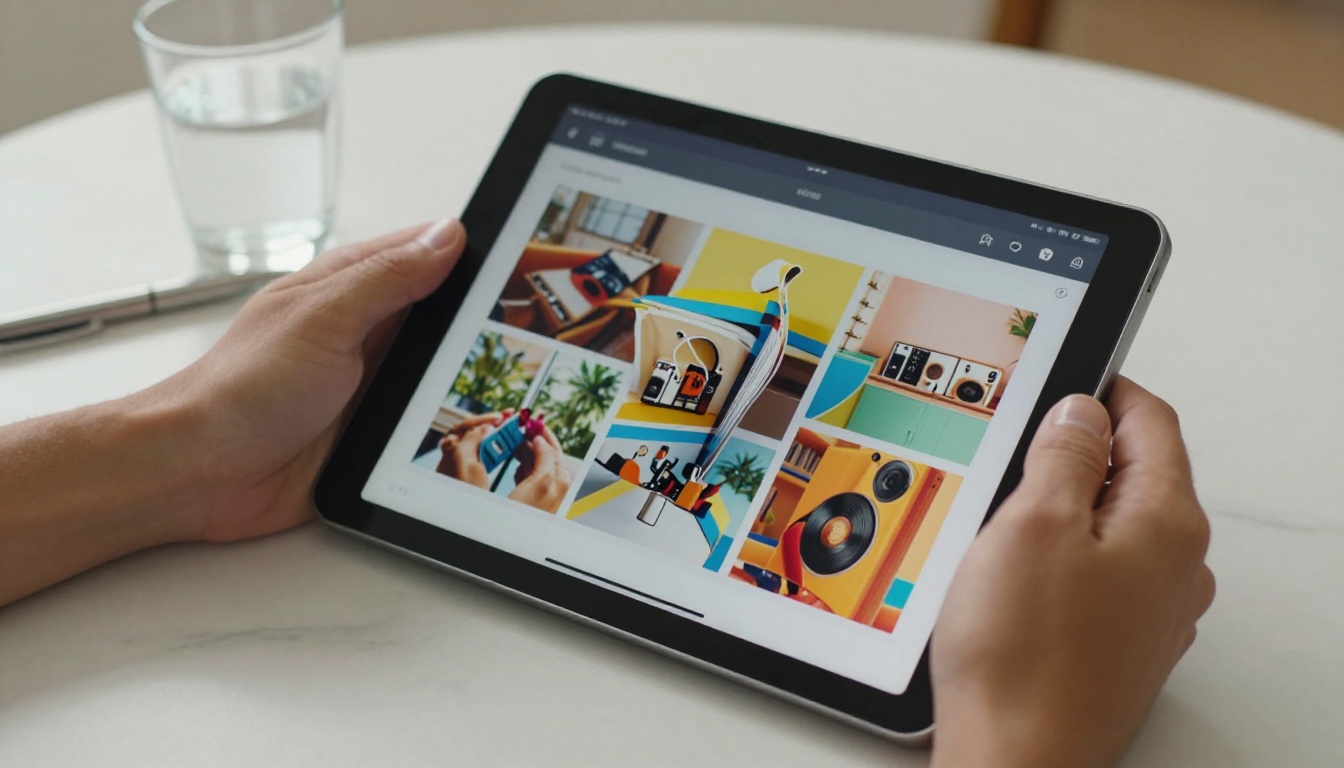 Hands holding a tablet displaying a colorful interactive digital flipbook with realistic page-curl animation on a marble surface Hands holding a tablet displaying a colorful interactive digital flipbook with realistic page-curl animation on a marble surface