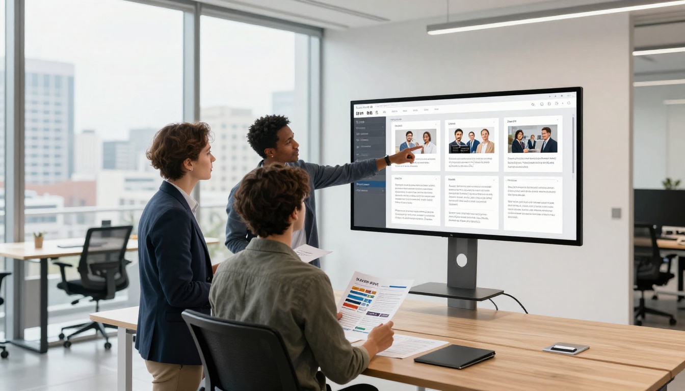 A diverse team of professionals reviewing flipbook templates on a large monitor in a modern open-plan office with floor-to-ceiling windows A diverse team of professionals reviewing flipbook templates on a large monitor in a modern open-plan office with floor-to-ceiling windows