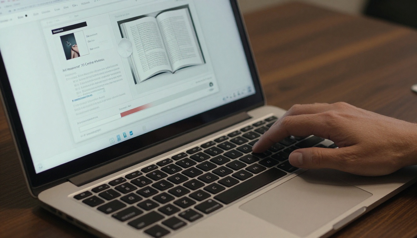Close-up of a laptop screen showing a PDF-to-flipbook conversion interface with a progress bar and live flipbook preview on a walnut desk Close-up of a laptop screen showing a PDF-to-flipbook conversion interface with a progress bar and live flipbook preview on a walnut desk