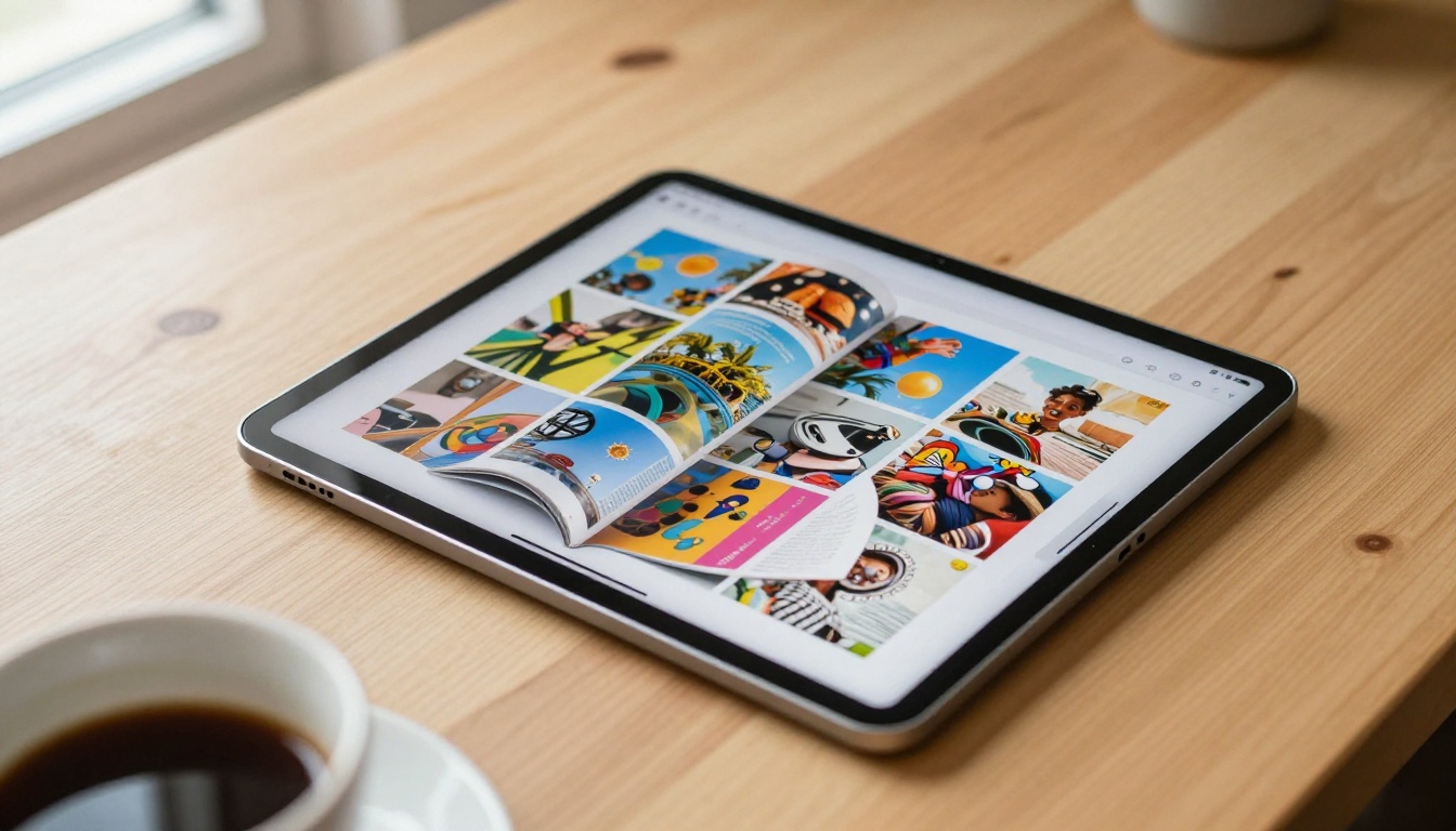 Digital flipbook with realistic page-turn animation displayed on a tablet