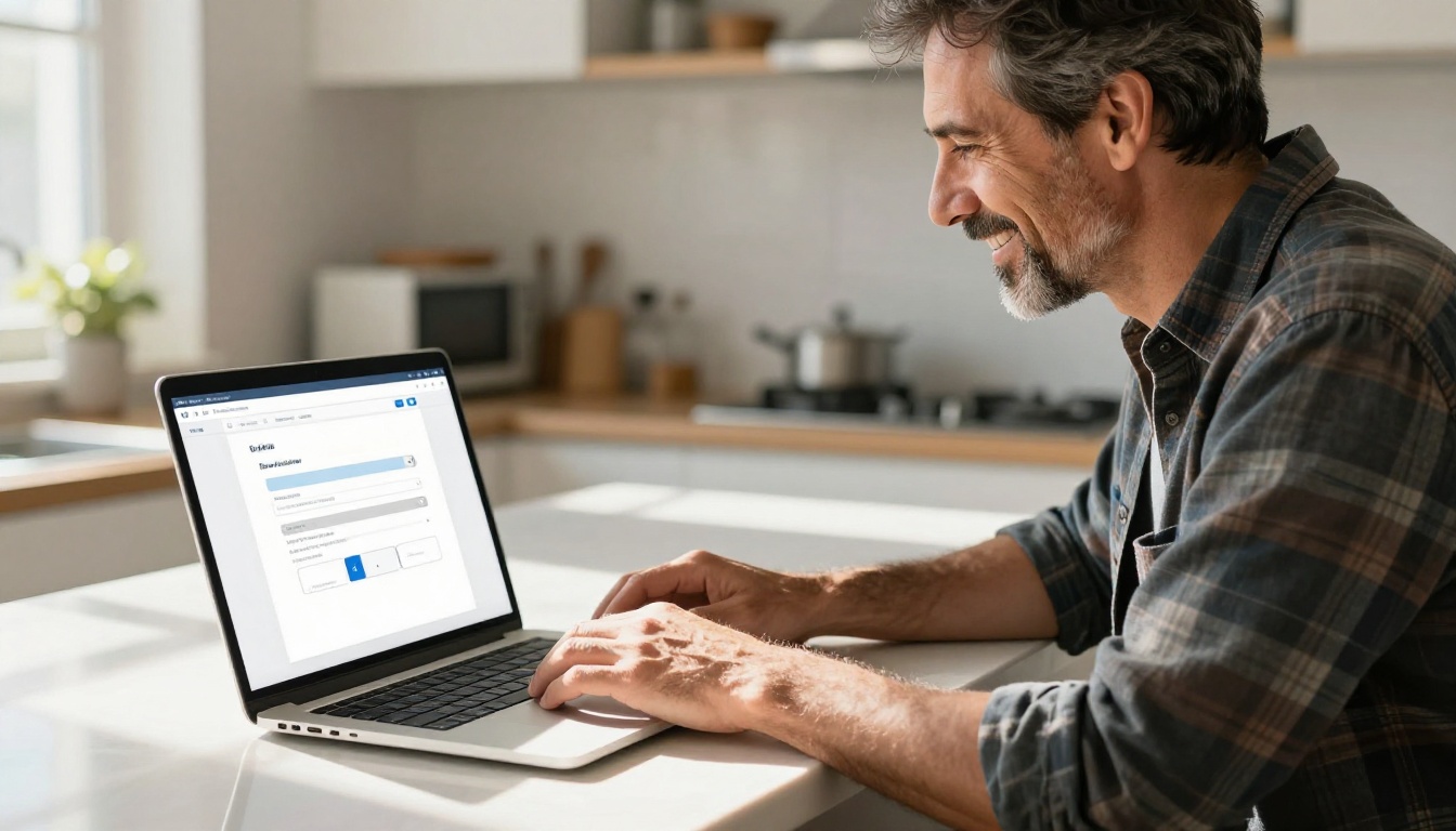 Man uploading a PDF to create a flipbook on his kitchen laptop