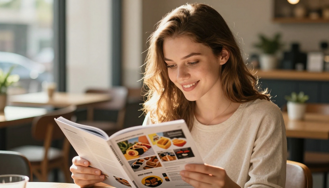 A woman smiling while reading a printed magazine-style catalog in a bright cafe near a window with warm afternoon sunlight A woman smiling while reading a printed magazine-style catalog in a bright cafe near a window with warm afternoon sunlight