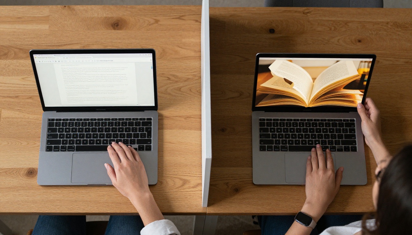 PDF versus flipbook shown on two laptops side by side in a daylit studio