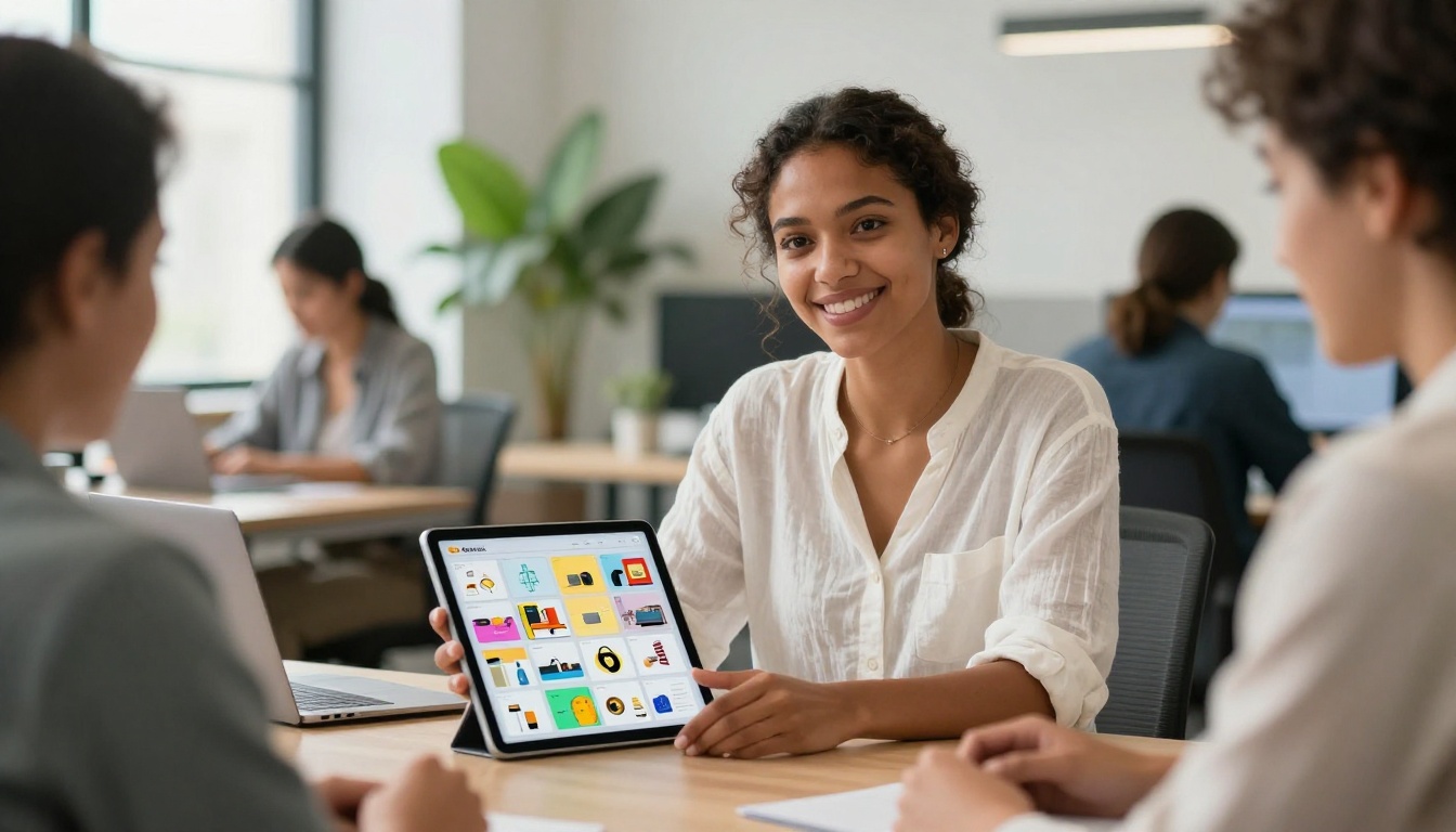 Small business owner presenting a digital product catalog flipbook to a colleague