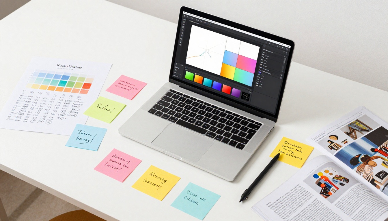 Creative workspace aerial view with MacBook showing a flipbook editing interface, color swatches, sticky notes, and printed magazine pages on a white drafting desk Creative workspace aerial view with MacBook showing a flipbook editing interface, color swatches, sticky notes, and printed magazine pages on a white drafting desk
