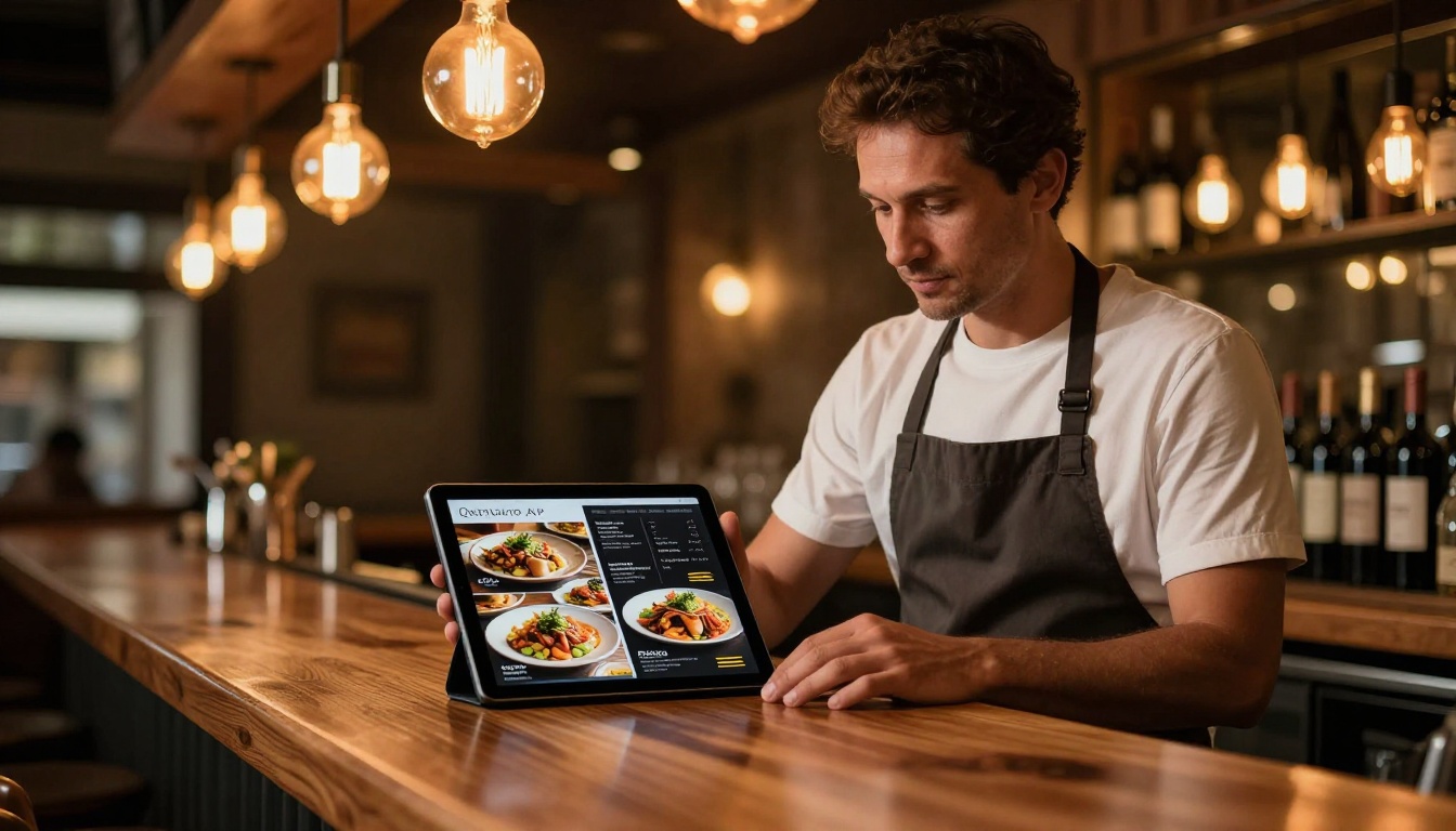 Restaurant owner reviewing a beautifully designed digital menu flipbook on a tablet at his bistro
