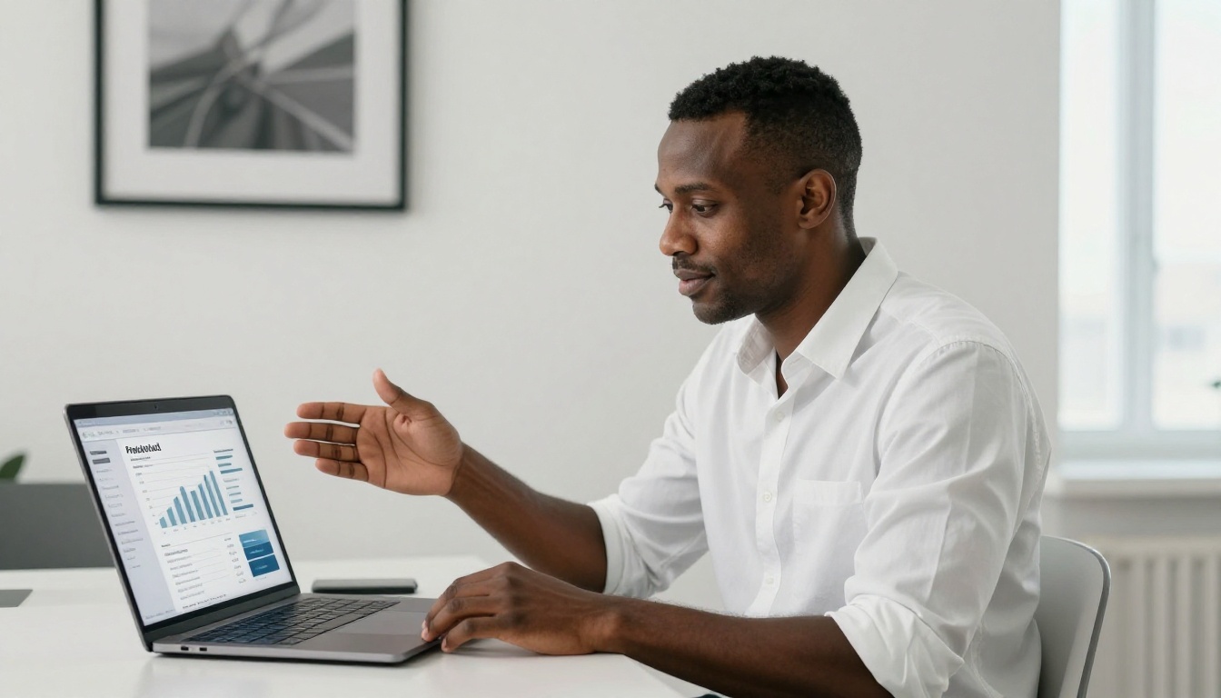 Professional man with dark complexion presenting an analytics dashboard on a laptop screen, gesturing confidently toward the camera in a minimalist office Professional man with dark complexion presenting an analytics dashboard on a laptop screen, gesturing confidently toward the camera in a minimalist office