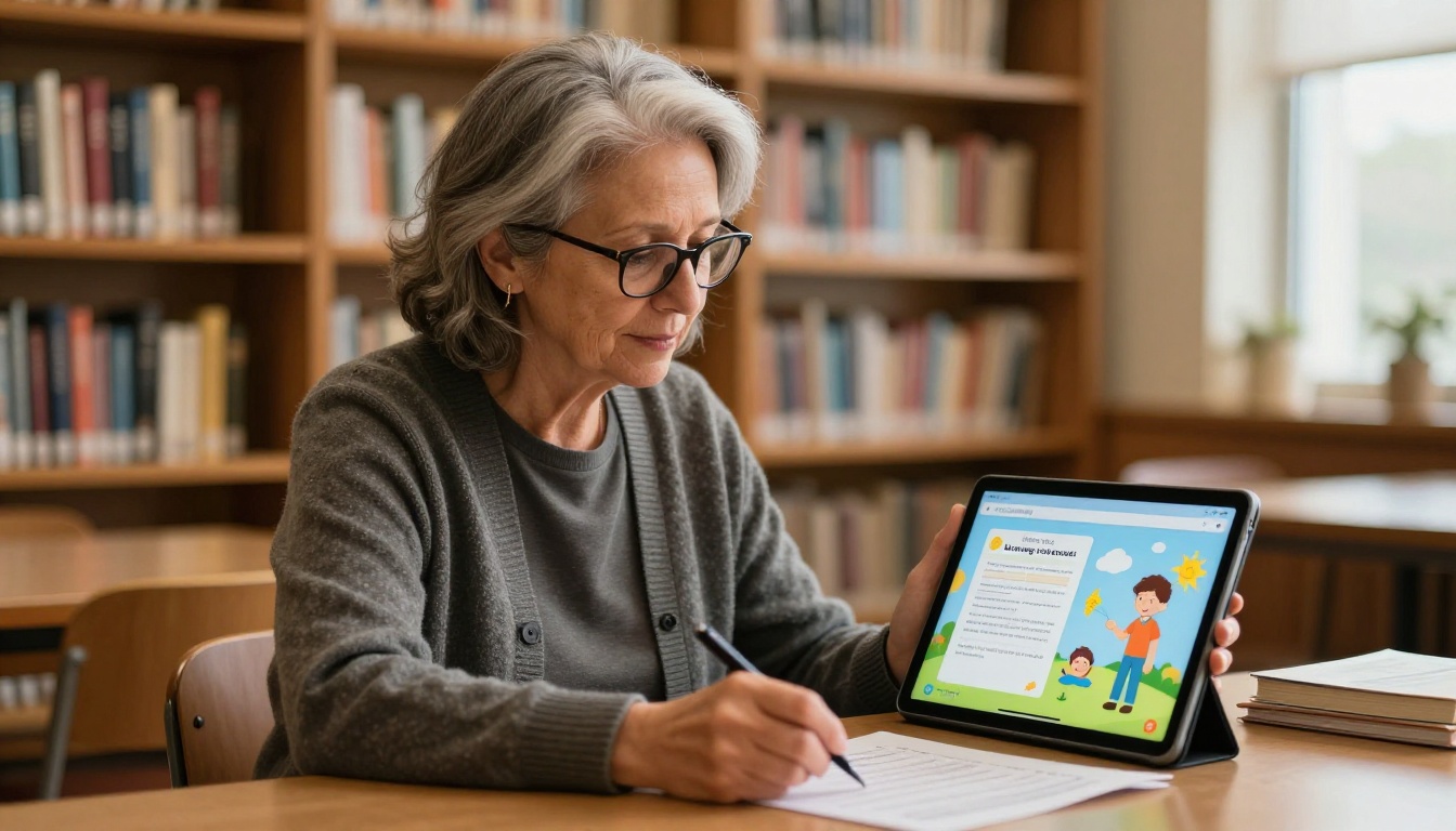 Teacher reviewing a colorful interactive educational flipbook on a tablet at the school library