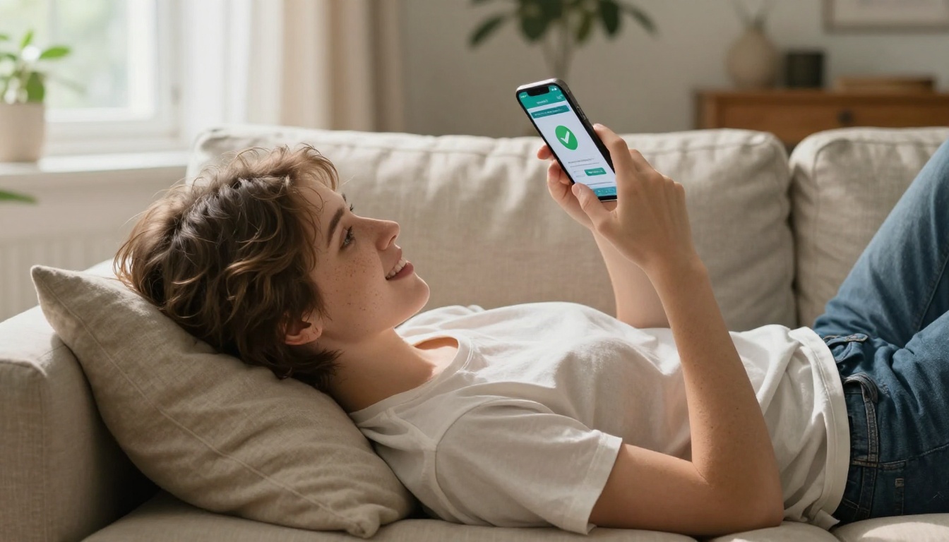 Person relaxing on a sofa and smiling at their phone after successfully sharing a flipbook link
