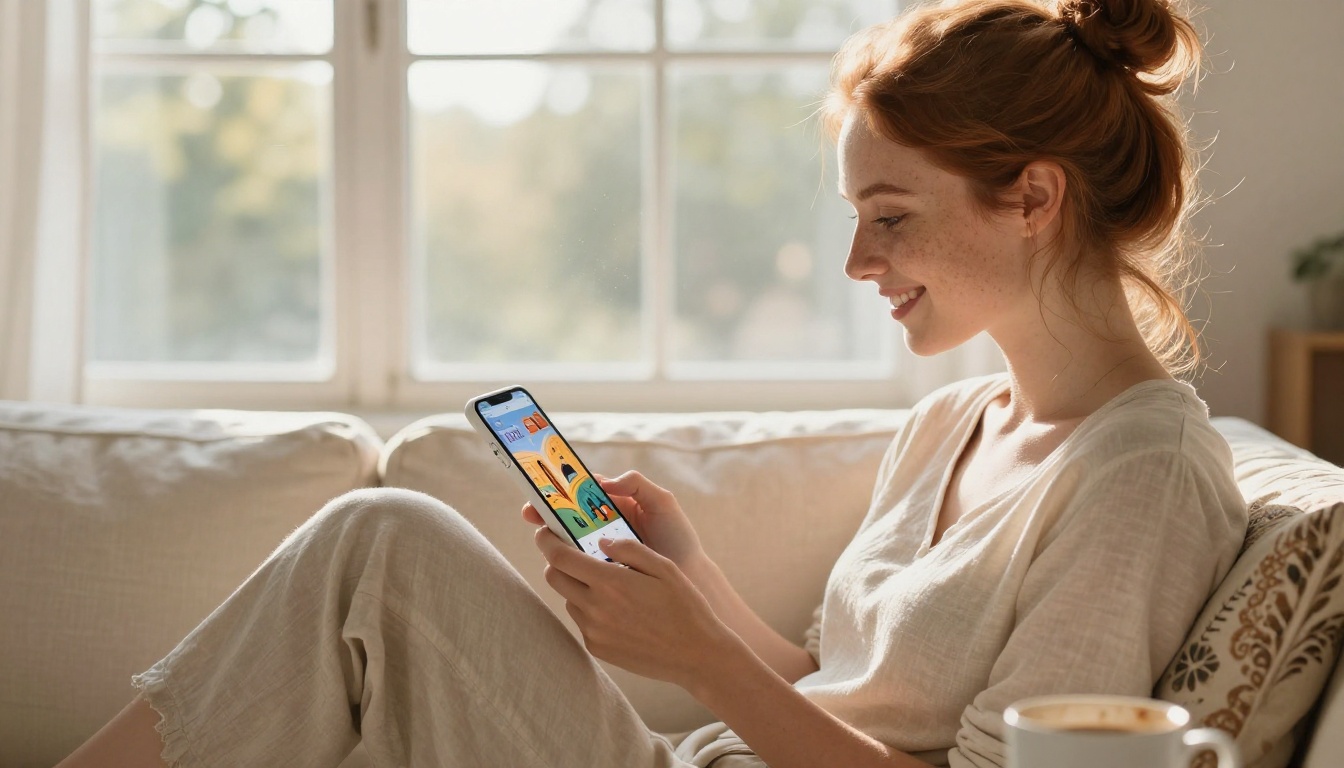Woman smiling while reading a flipbook on her smartphone on a couch