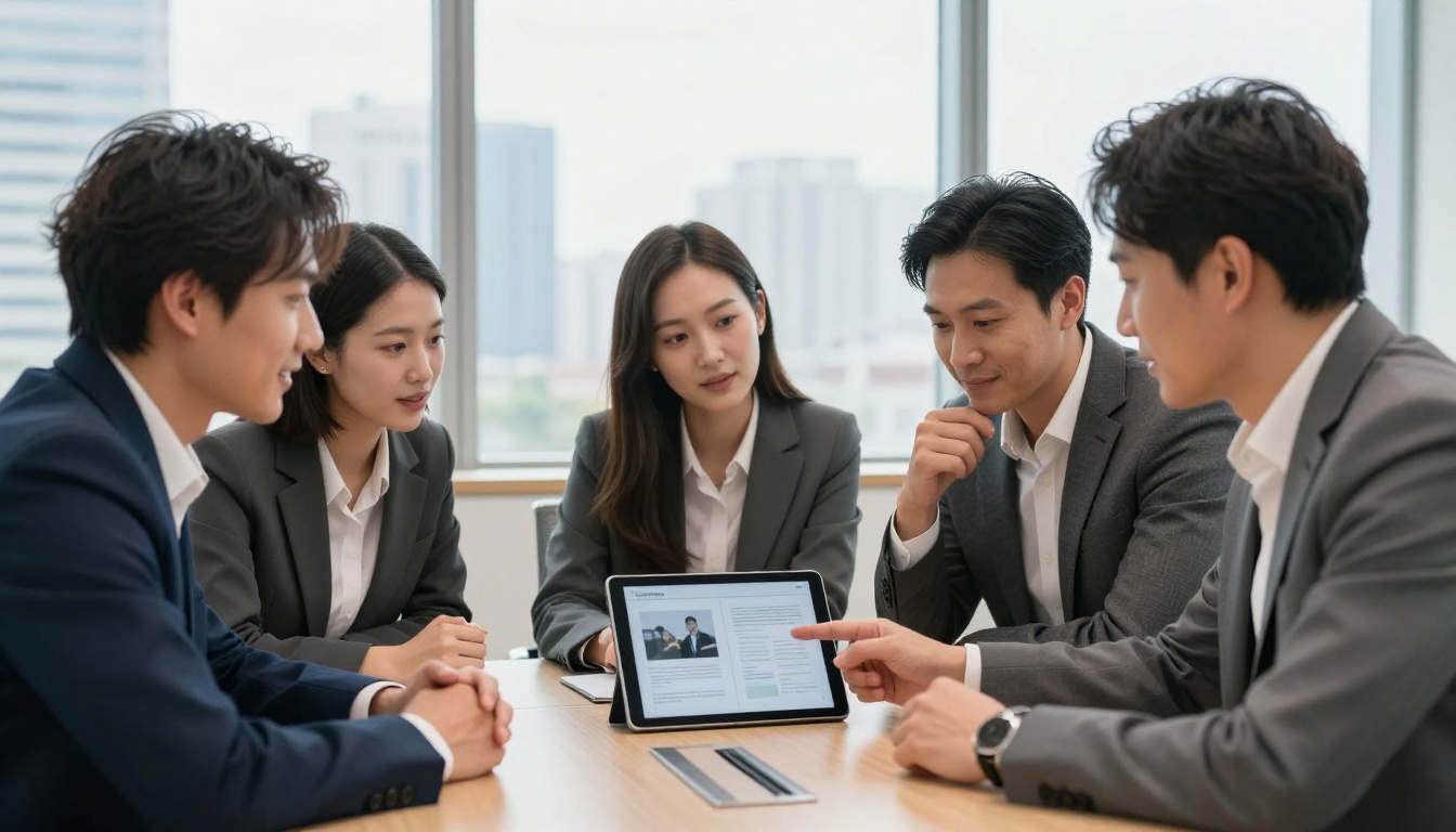 Business professionals in a meeting room sharing a digital flipbook on a tablet