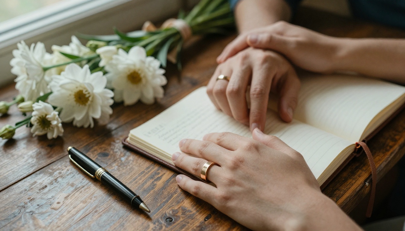 Wedding rings and handwritten vows on vintage wooden table