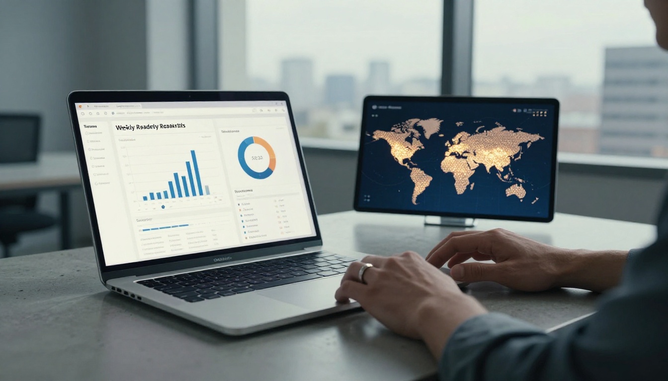 Analytics dashboard on a laptop showing bar charts and reader metrics