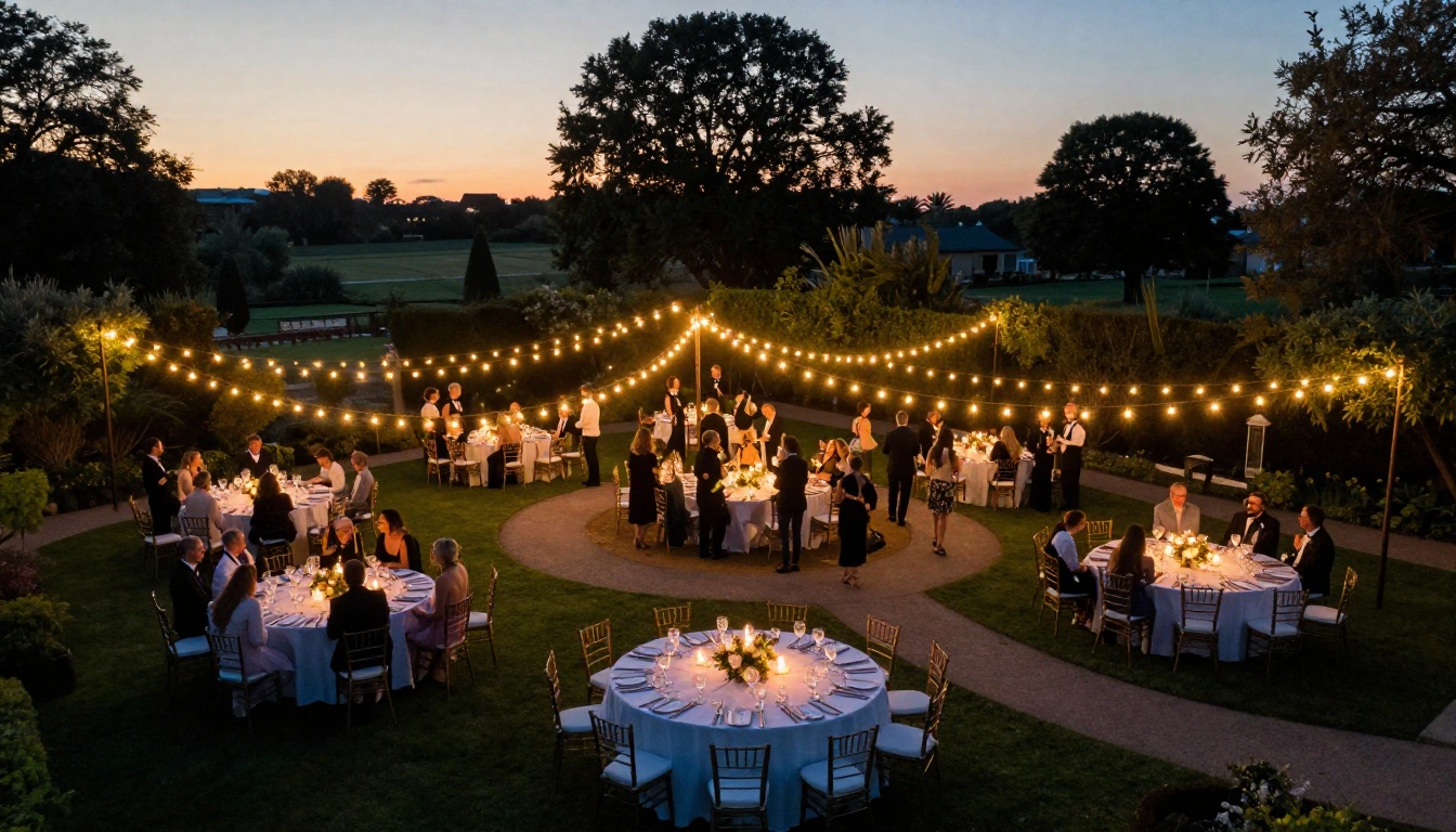 Aerial view of outdoor wedding reception at twilight