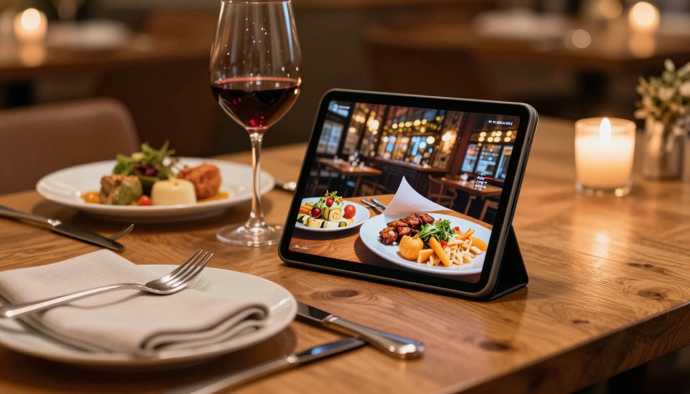 Restaurant menu displayed as a digital flipbook on a tablet at a candlelit dinner table