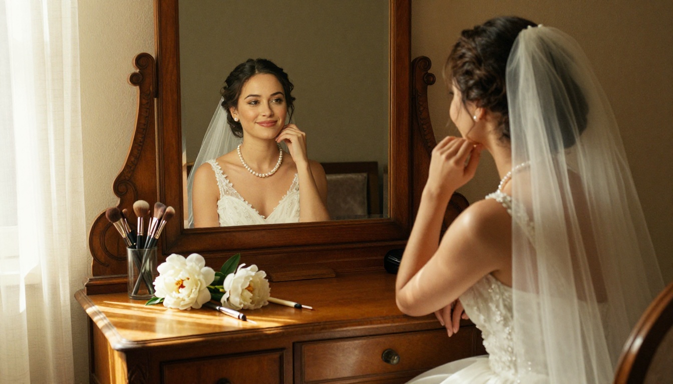 Bride at vanity mirror in sunlit bridal suite