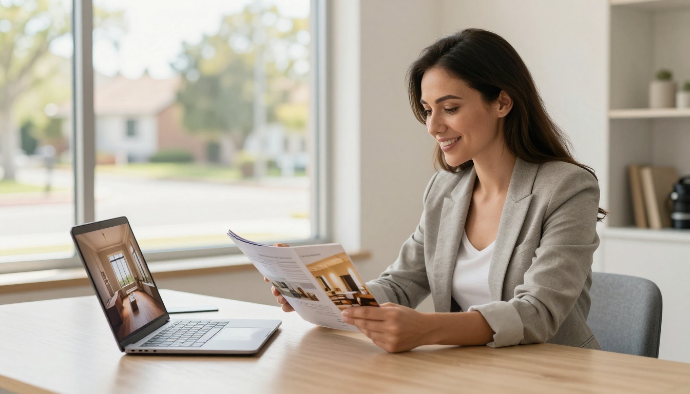 Real estate agent showing a property brochure flipbook on a laptop to a couple in a bright office